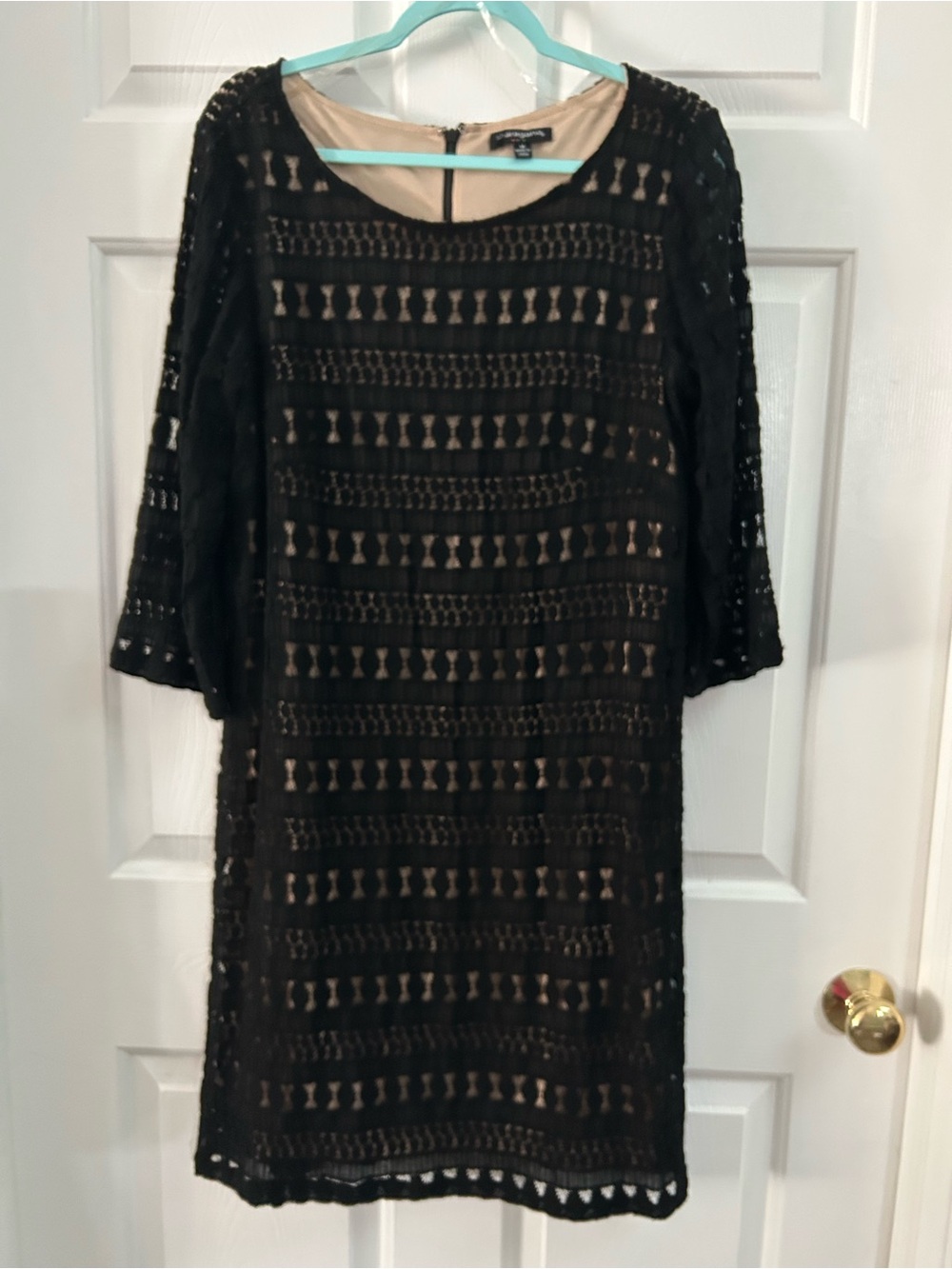 Sharagano Black Lace Midi Dress with Nude Lining